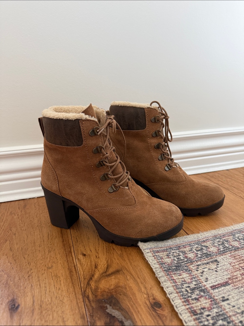 BearPaw Chestnut Suede Lace-Up Heeled Ankle Boots